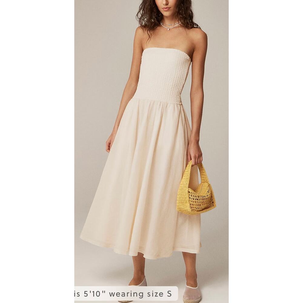 J. Crew Strapless Mixy Rouched 90s Summer Linen Midi Dress S 4 6 Lightweight